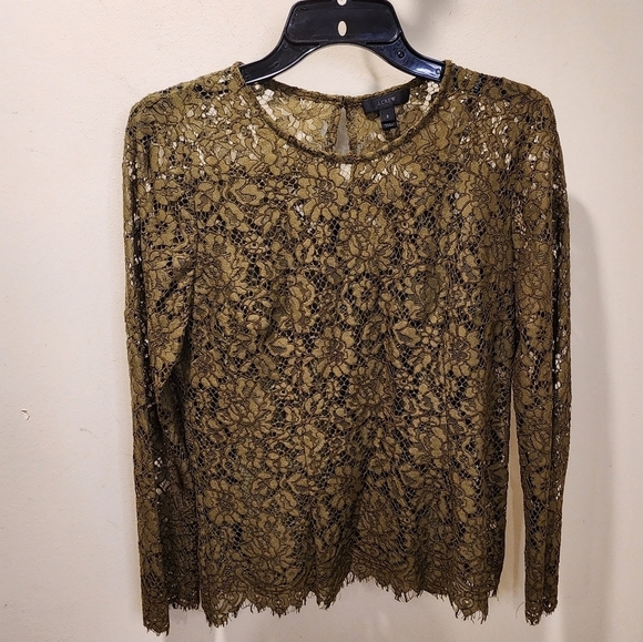 J CREW olive green lace top with built in cami size 2 - Picture 3 of 14